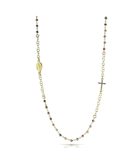 Ananda collana rosario in argento dorato con pietre colorate e croce di zirconi bianchi