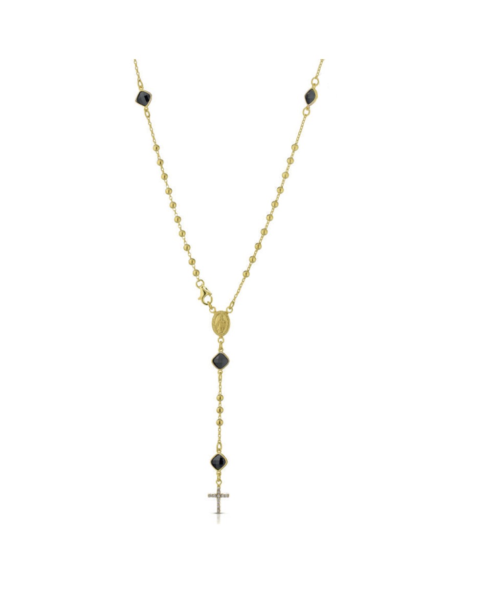 Ananda collana rosario in argento ramato con pietre scure e croce pendente di zirconi bianchi