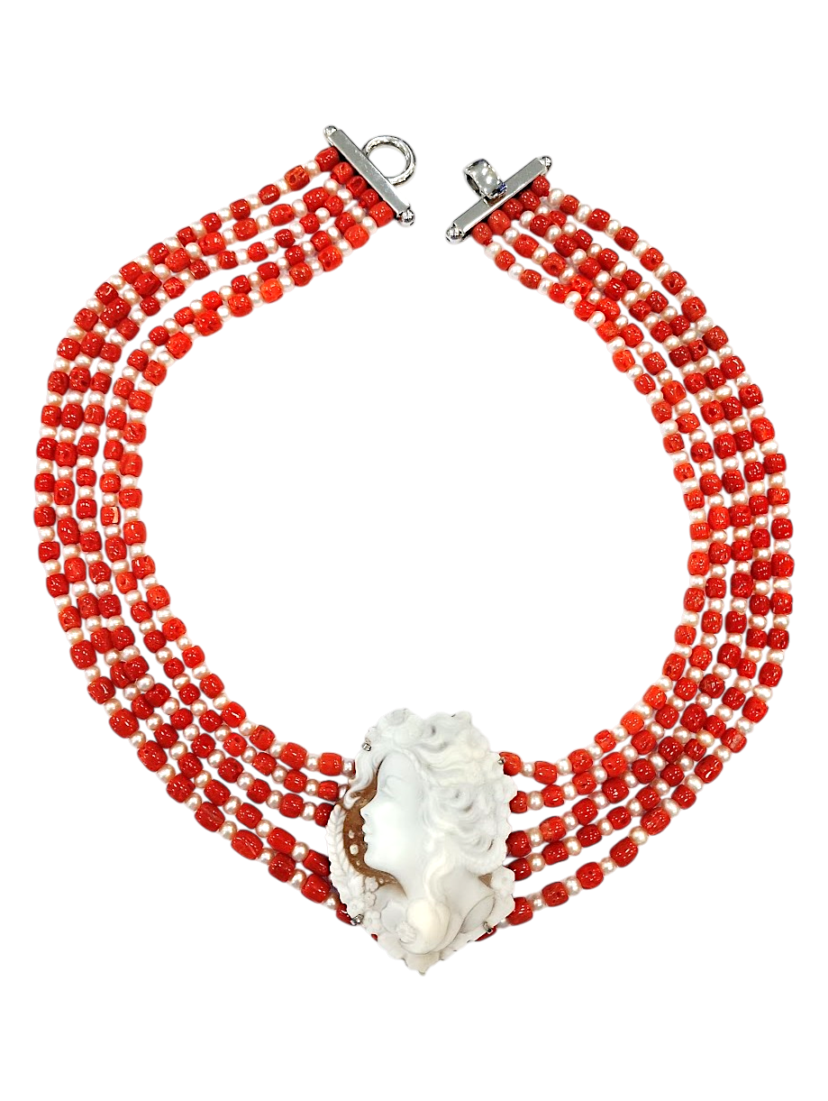 Collana in Corallo Mediterraneo, Perle di Acqua Dolce e Cameo Sardonico Sfioccato – Argento 925 (cm 50)