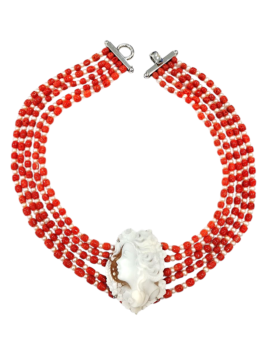 Collana in Corallo Mediterraneo, Perle di Acqua Dolce e Cameo Sardonico Sfioccato – Argento 925 (cm 50)