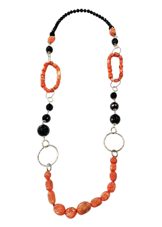 Collana in Corallo Giappone a Sassi con Argento 925 e Agata – Lunghezza 80 cm
