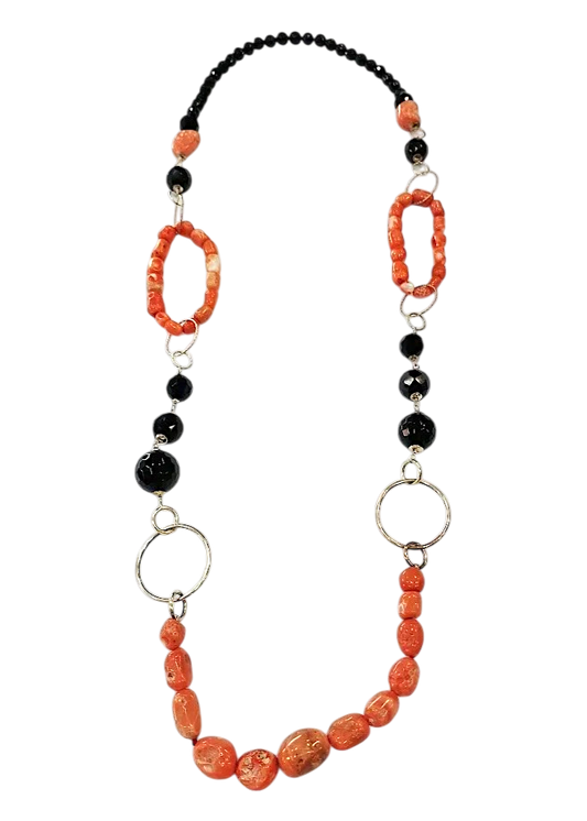 Collana in Corallo Giappone a Sassi con Argento 925 e Agata – Lunghezza 80 cm